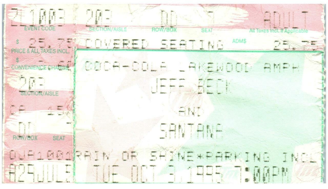 Vintage Jeff Beck Santana Ticket Stub October 3 1995 Atlanta Georgia