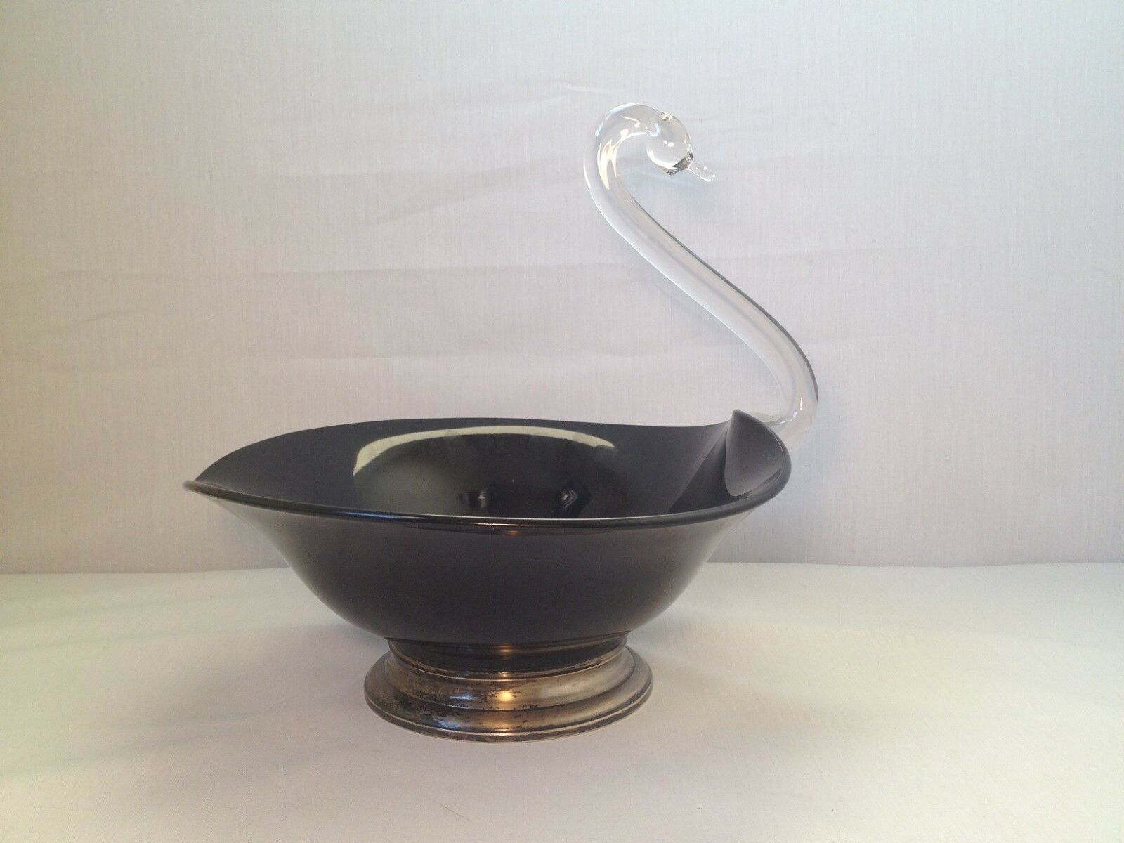 Rare Large Duncan Miller Black Glass Swan Bowl W/ Sterling Base