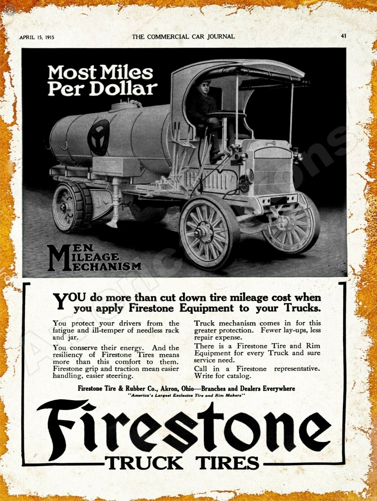 1915 Firestone Tire & Rubber Co. New Metal Sign: W/ Antique Truck, Akron, Ohio
