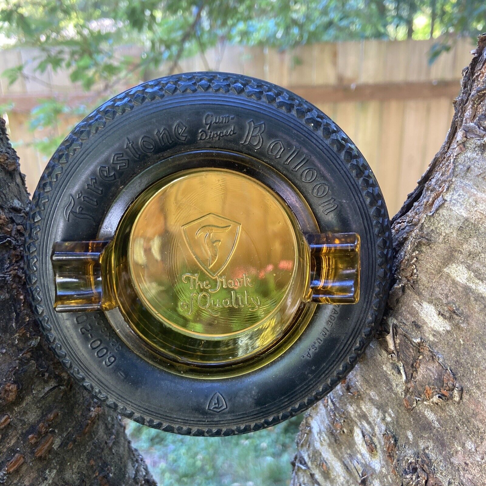 Vintage Amber Glass Firestone Gum-dipped Balloon Advertising Tire Ashtray