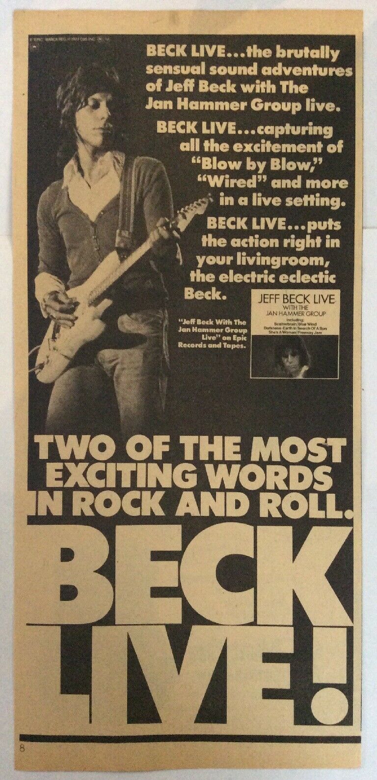 Jeff Beck ~ Live 1977 Vintage Advertisement, Ad, Picture, Poster Jan Hammer