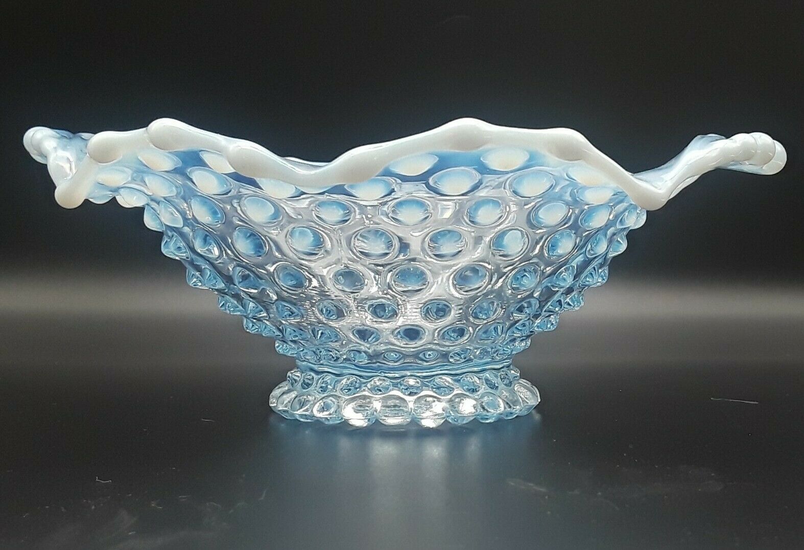 Duncan & Miller Blue Opalescent Hob Nail Two-handled Dish