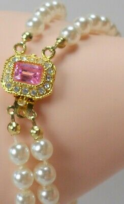 Vintage Faux 6mm White Pearl Beads Gold Tone Bracelet Knotted Pink Clasp 8"