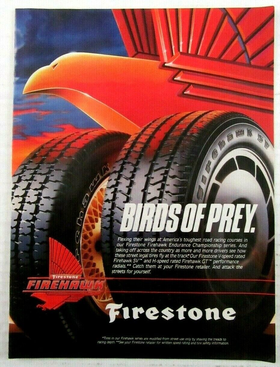 1987 Firestone Firehawk Endurance Tires Magazine Ad