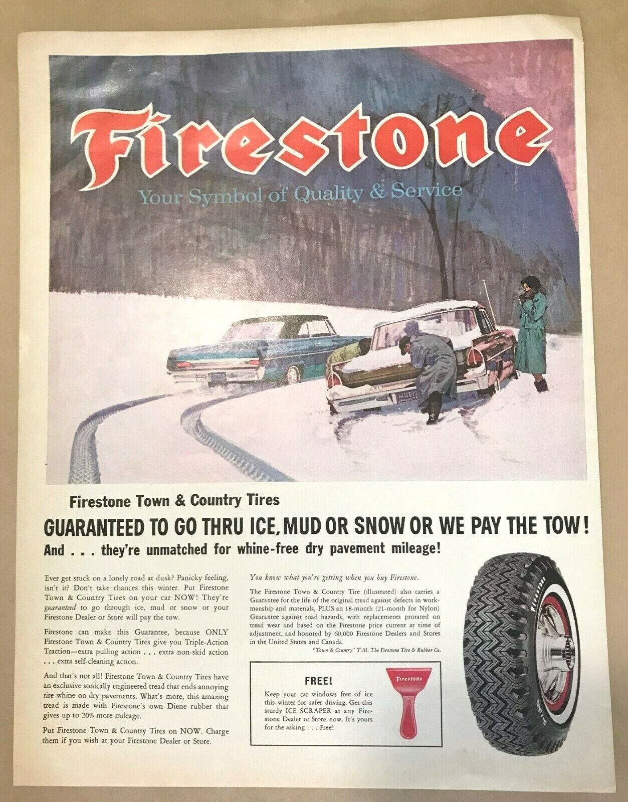 1963 Print Ad Firestone Tires Town And Country Snow 'whine-free' 13" X 10"