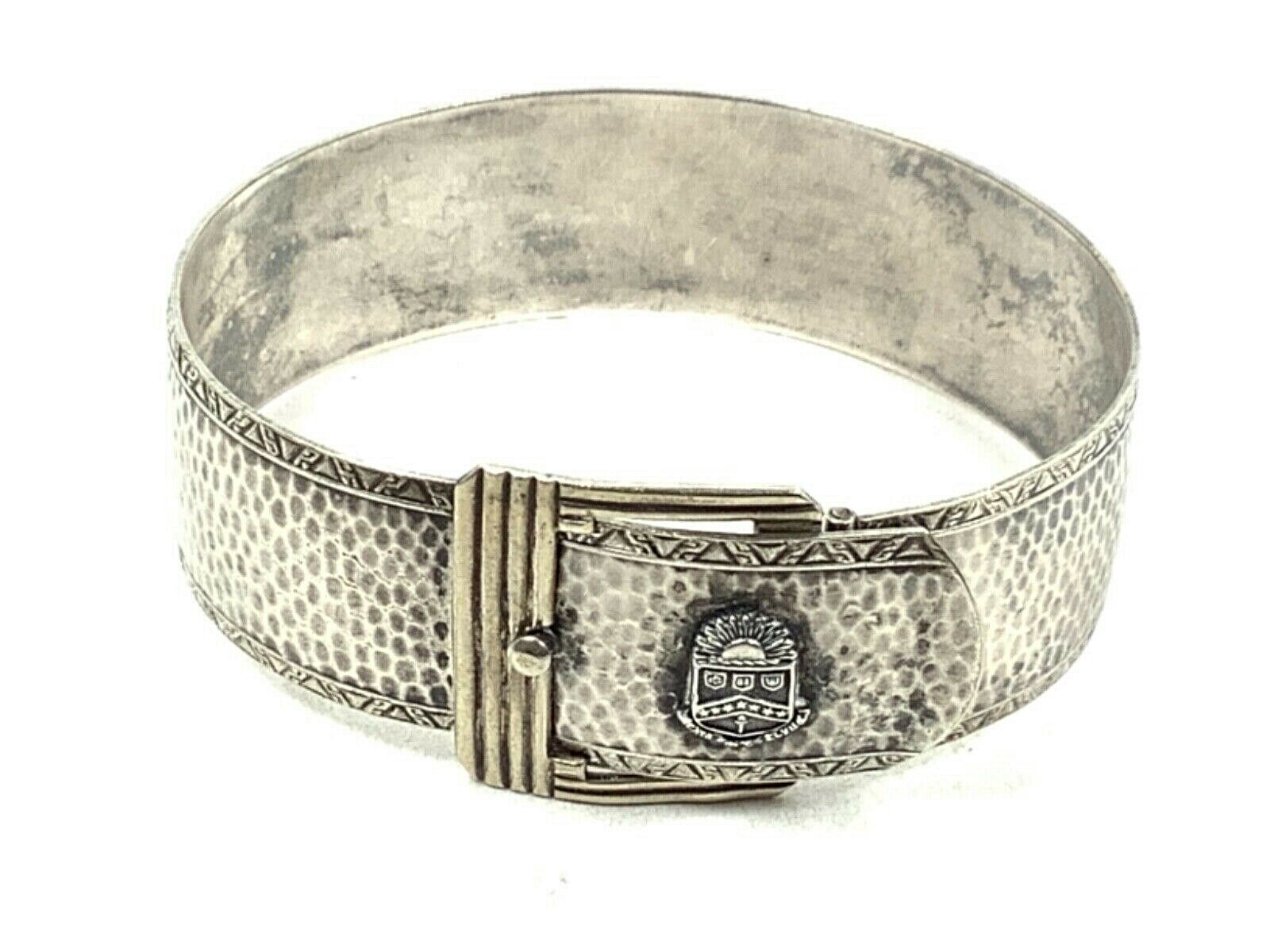 Vtg 1930s Silver Tone Hammered Buckle Clasp Cuff Bracelet W/sunrise Greek Crest