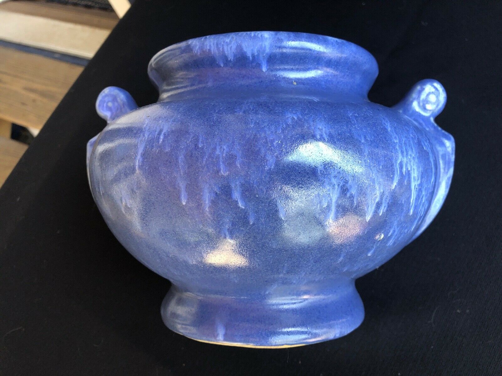 Vintage Brush Mccoy Pottery Blue Drip Glaze Handled Vase Z3