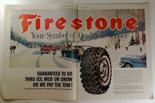 Vintage Ad 1962 Firestone Snow Scene Rare Large 2 Page Antique Cars