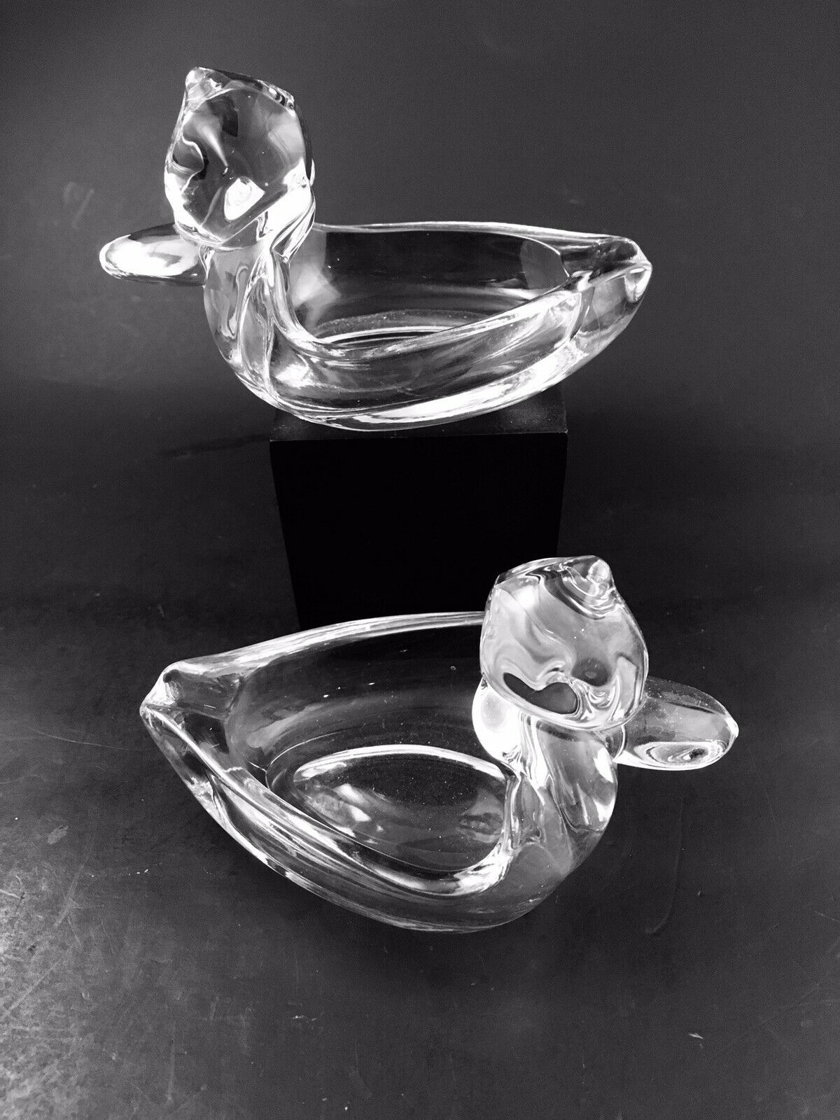 Two (2) Duncan & Miller Pall Mall Line Glass Duck Figural Ashtrays #30 Art Deco
