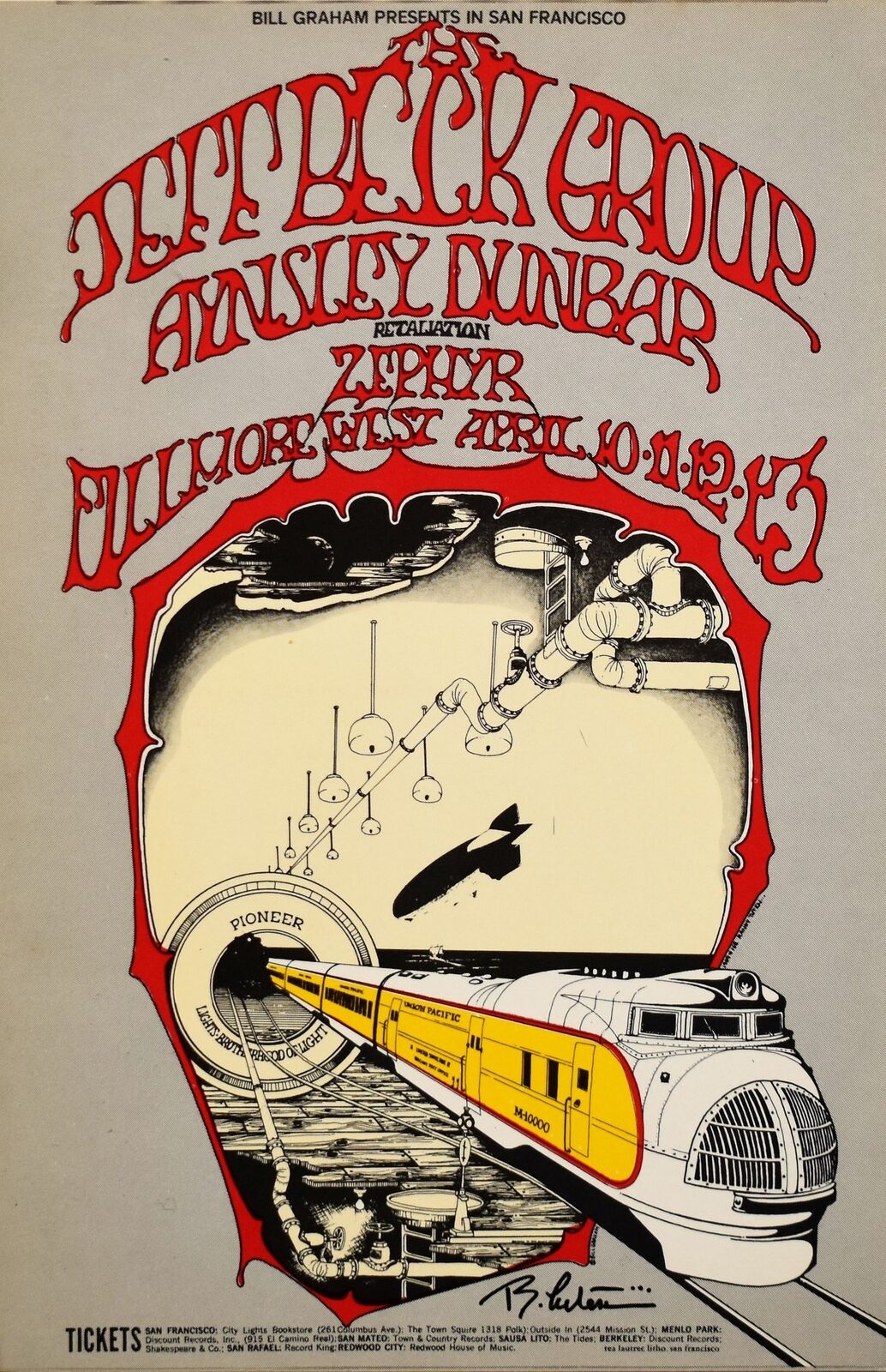 Jeff Beck Handbill 1969 Bg168 Signed By Randy Tuten