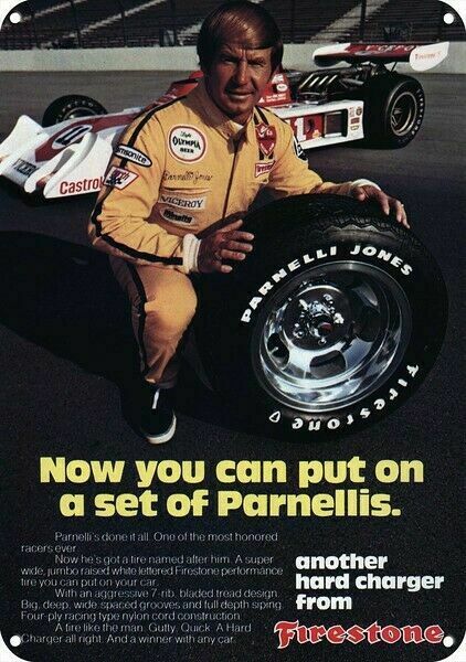 1974 Firestone Tires & Parnelli Jones Race Car Decorative Replica Metal Sign