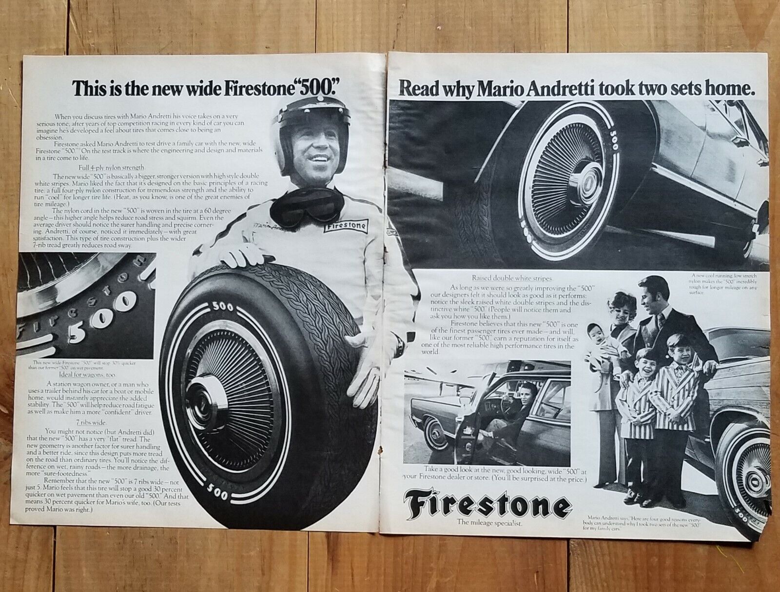 Vintage Firestone Tires Magazine Double Page Ad. Firestone 500 Ad