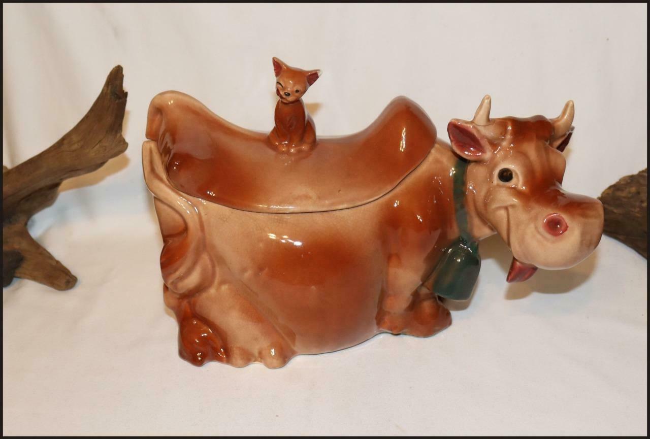 🛍 Antique 1950's  🕳 Brush Mccoy 🕳 Cow Cookie Jar With Cat 🕳 Marked W 10