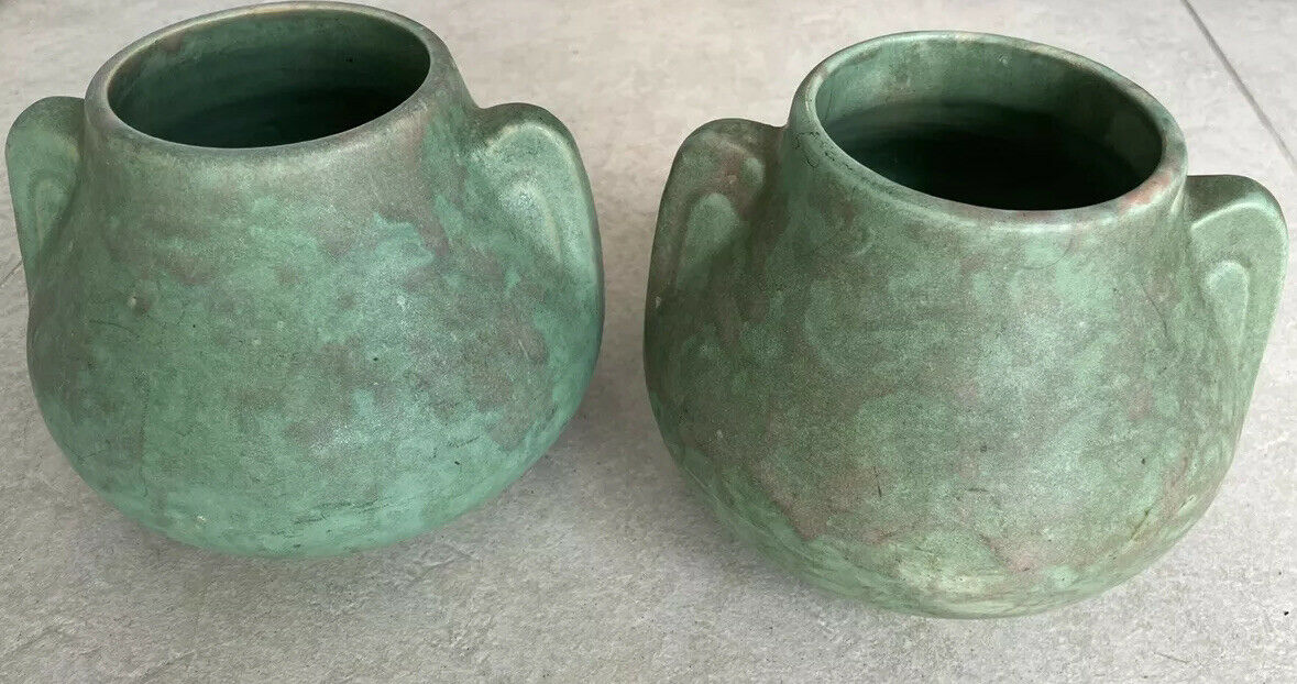 Pair Mottled Fawn Green Art Vellum Brush Mccoy Pottery Vases Planters 1930's