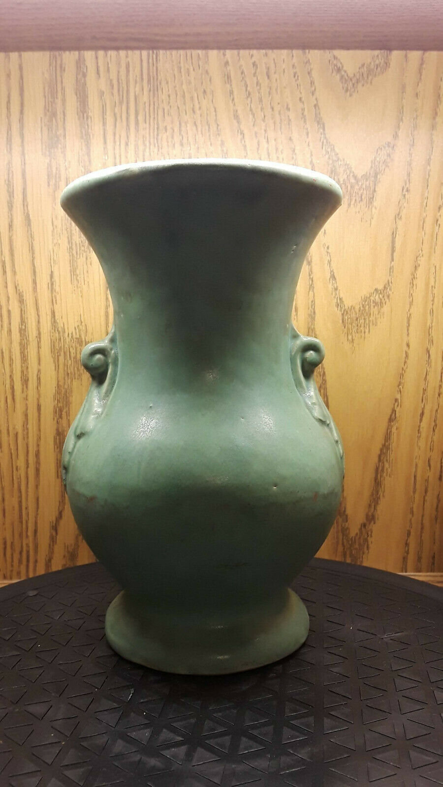 Mccoy Mottled Vellum Green Pottery Handled Vase